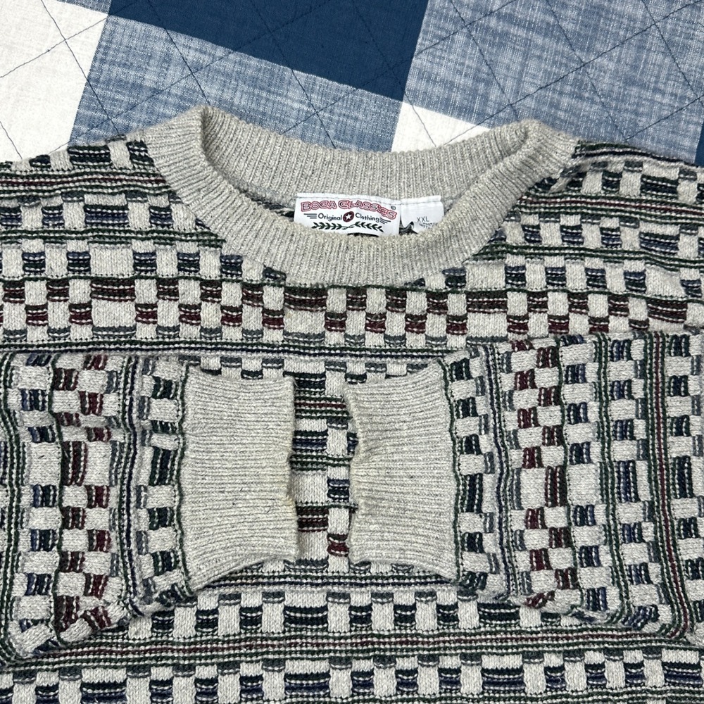 Boca Classics Mens XXL Grey Geometric Textured Knit Crewneck Sweater Made in USA